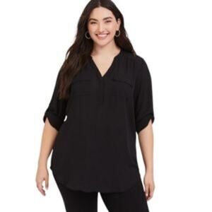 Torrid Harper Georgette Pullover 3/4 Sleeve Blouse In Deep Black 1XL